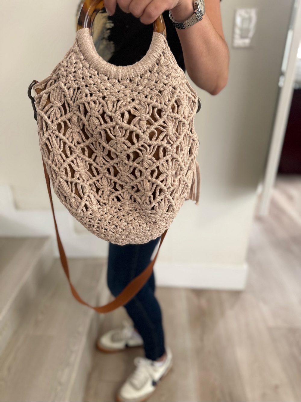 The Sak Beige Crochet Shoulder Bag with Wooden Handles